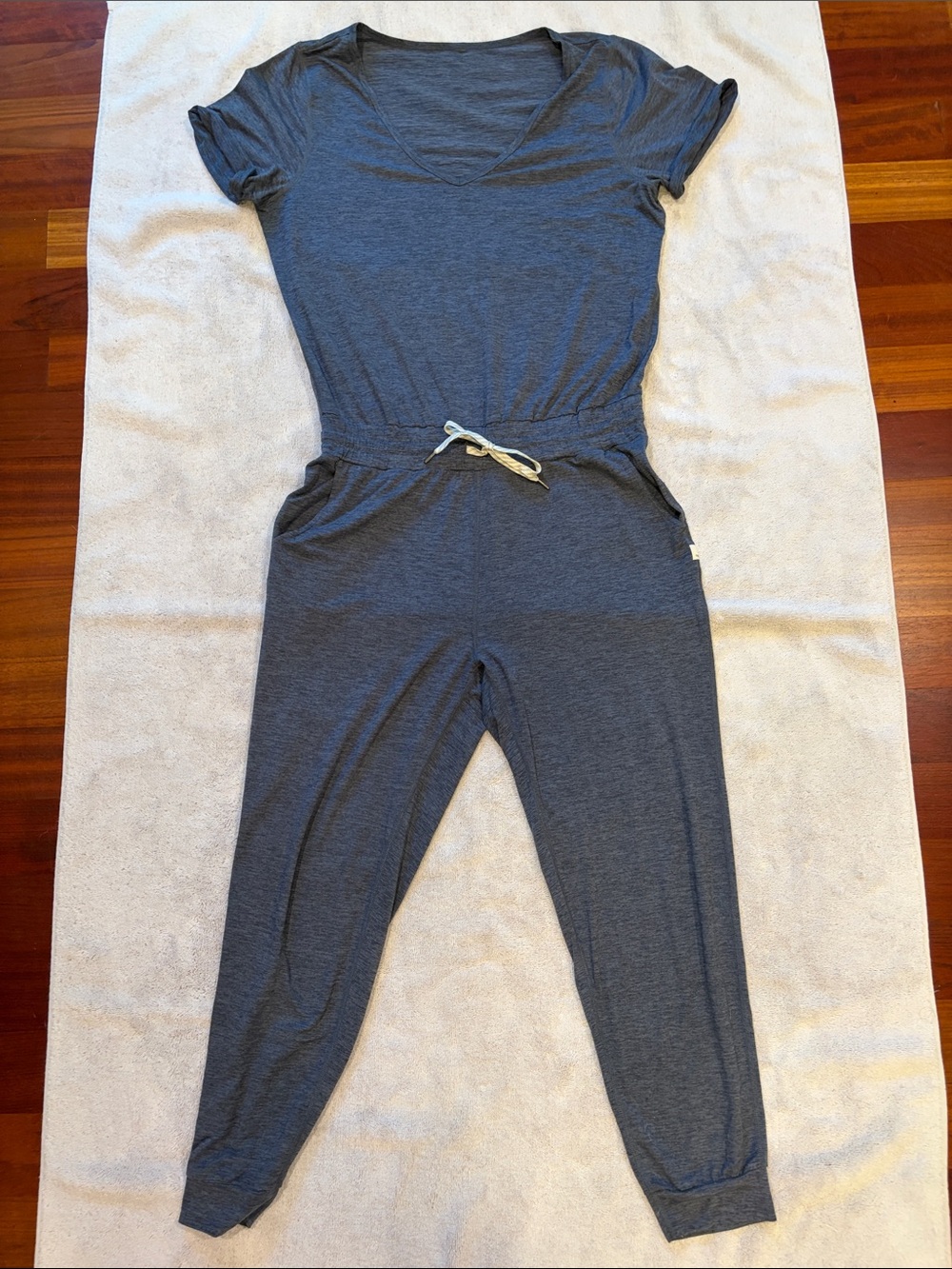 Vuori Heather Navy Blue Short-Sleeve Drawstring Jumpsuit